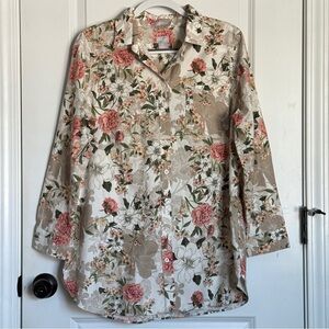 Chico’s Floral White Brown Peach Button Down Top Wrinkle Resistant Sz Large